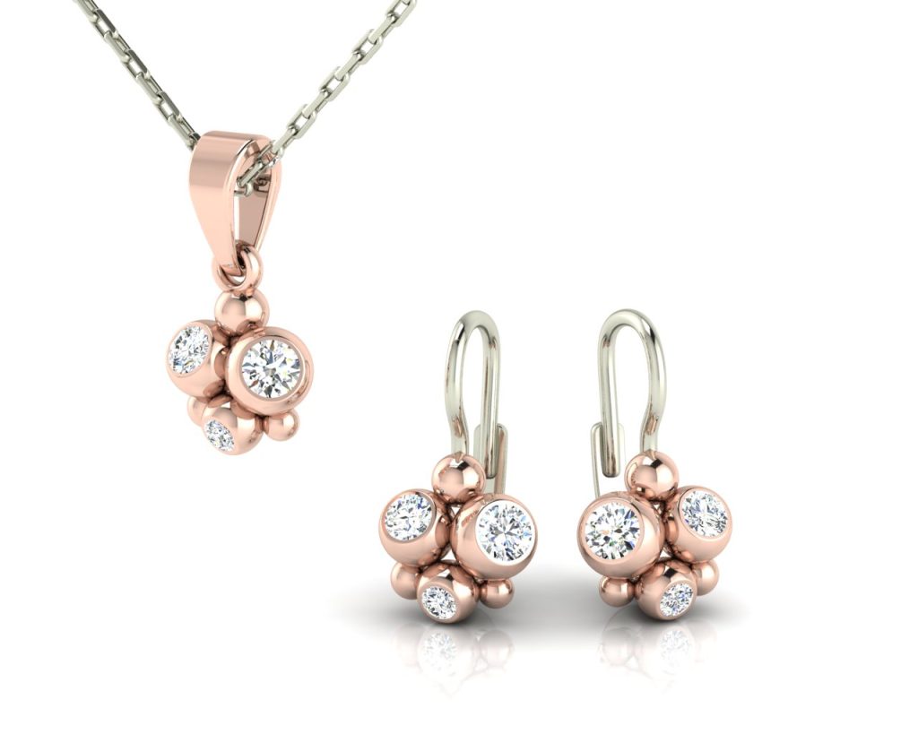 Přívěsek E.T. z červeného zlata a brilianty spolu s náušnicemi
