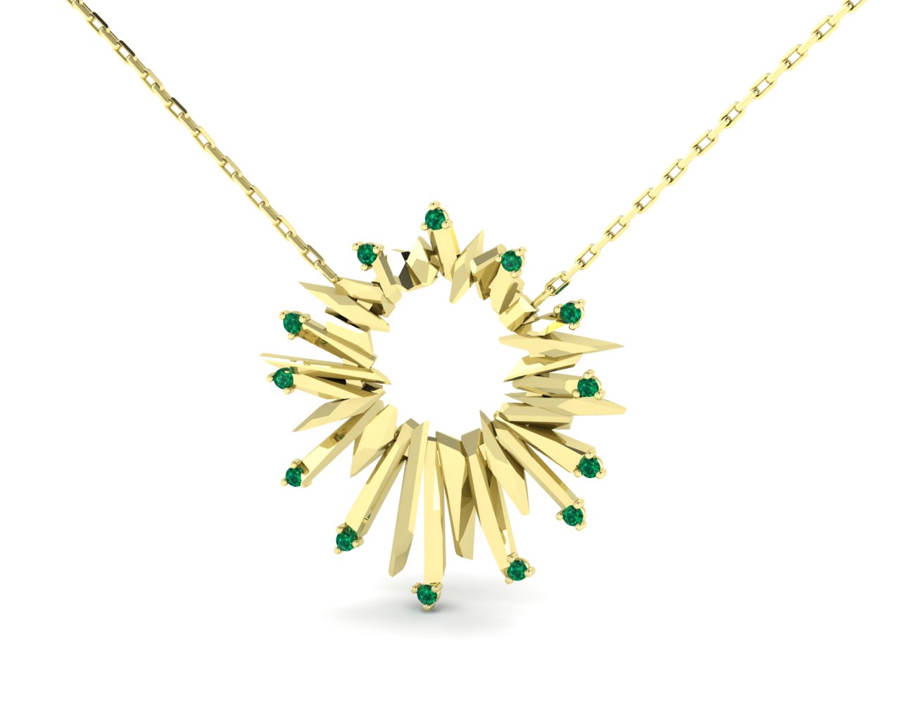 Sun přívěsek, žluté zlato a smaragdy