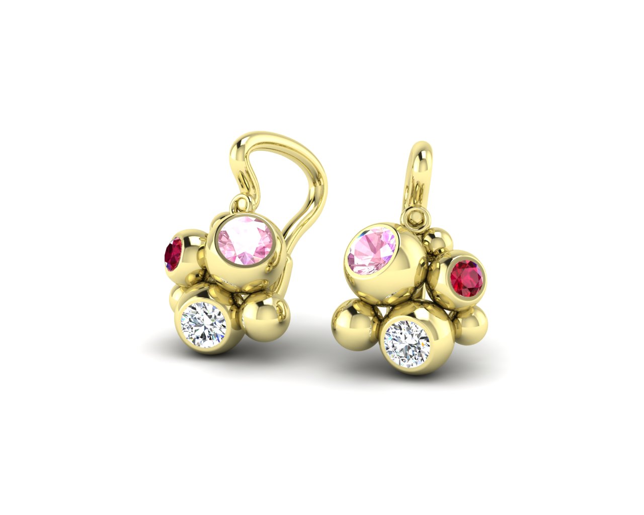 Žluté zlato, bílé brilianty, růžové safíry a rubíny