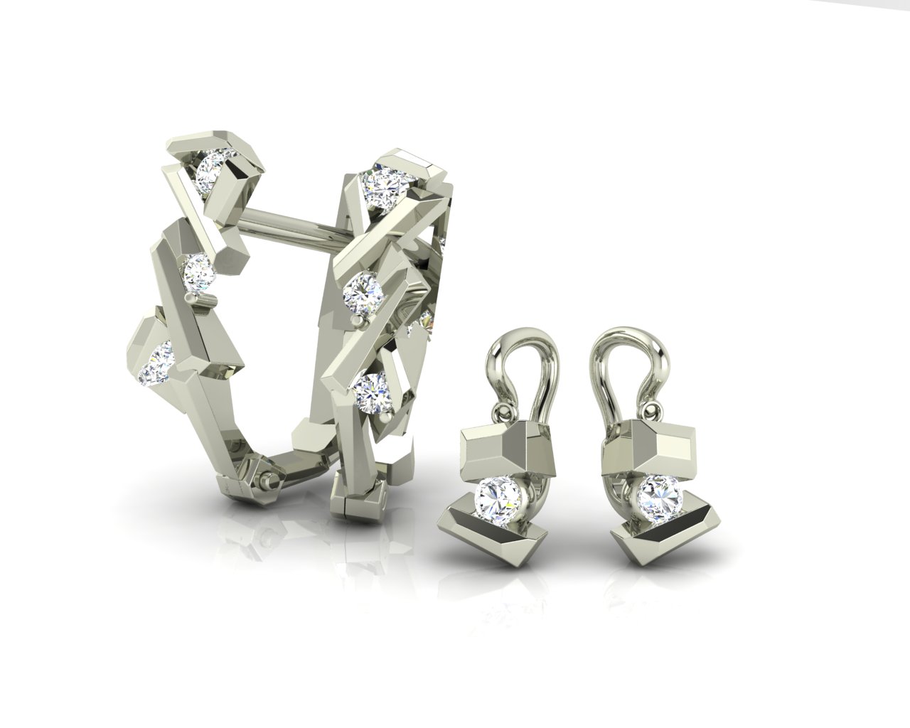Náušnice Tron a Tron Baby, bílé zlato a bílé brilianty